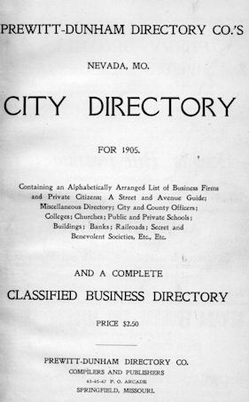 History: Title page of the Nevada, MO City Directory