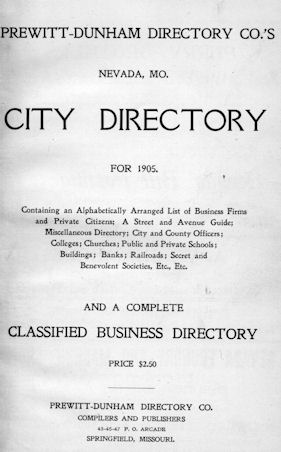Title page of the Nevada, MO City Directory